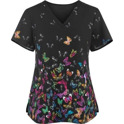 Aesthetic Butterfly Print Tops Women Short Sleeve V-Neck Work Uniform Health Care Workers Nursing Scrub Tops Gorro Enfermera A50