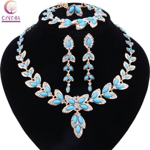 Women Trendy necklace boho blue crystal jewelry sets with earrings Gold color silver plated statement necklace for wedding