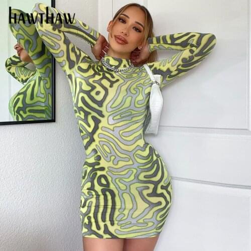 Hawthaw Women Autumn Long Sleeve Printed Party Club Bodycon Yellow Mini Dress 2021 Fall Clothes Wholesale Items Dropshipping