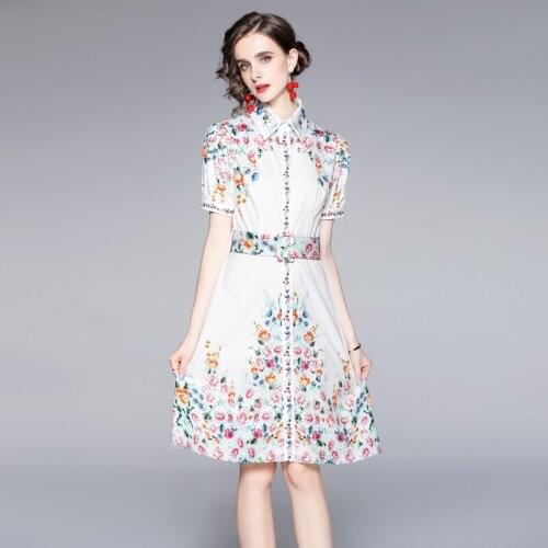 New 2021 Summer Floral Casual Dress Women Turn Down Collar Short Sleeve Vintage Shirt Party Dress With Belt Female Vestidos