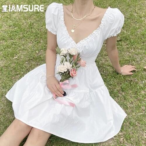 IAMSURE Vintage Solid White Dress Sexy Slim Deep V-Neck Short Sleeve A-Line Dresses For Women 2021 Fashion Casual Prairie Chic