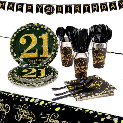 21st Birthday Party Supplies Set Black Gold Disposable Tableware Kit Decorations Plates Cups Napkins Banners Dinnerware Cutlery