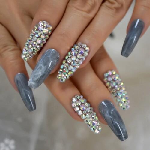 Bling AB Diomand Grey Marble Stone Pattern Press on False Nails Extra Long Coffin Ballerina UV Fingersnails Free Adhesive Tapes