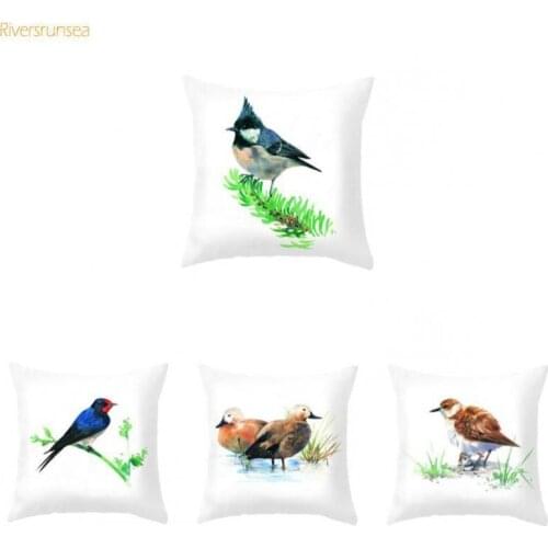 Chinese Style Watercolor Ink Flower Bird Cushion Cover Hand Painted Green Leaves Branch Eagle Pillow Covers Decorative For Home