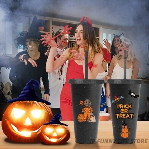 5/10PCS Black Tumbler with straw Halloween stickers Glitter water bottle Reusable Plastic Straw Cup with lid For Girl Drinkware