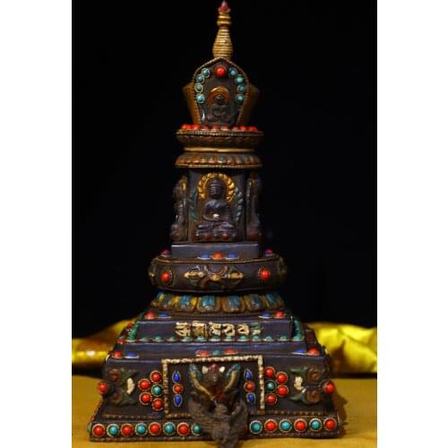 9"Tibet Temple Collection Old Bronze Filigree mosaic Gem turquoise Dzi Bead Statue of Sakyamuni pagoda stupa Town House Exorcism