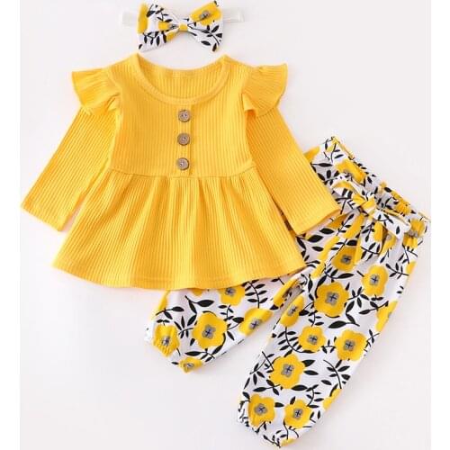 Autumn Baby Girl Clothes Set Newborn Fashion Long Sleeve Yellow Tops Floral Pants Headband Cotton 3Pcs Outfits Infant Clothing