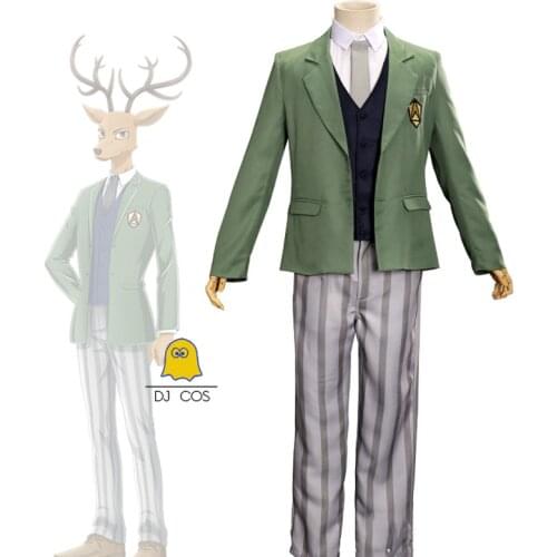 5 PCS Anime Beastars Louis Cosplay Costume Legoshi Cherryton Academy Men Uniform Set Green Suit Shirt Vest Coat Belt Pants Tie