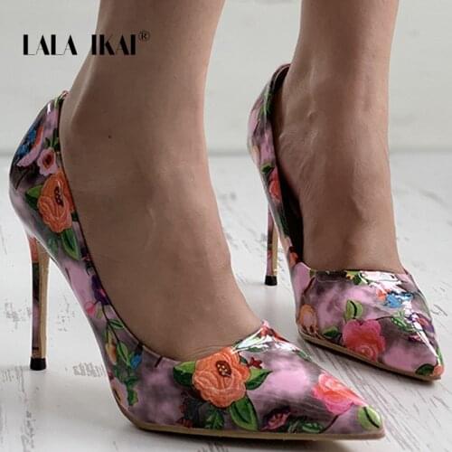 LALA IKAI Spring Autumn Women Sexy Stilettos Pointed Toe Flower Pattern Women High Heels Plus Size Sandals Womens Party Shoes