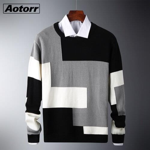 Men Long Sleeve Knitted Sweater Patchwork Winter Male High Quality Warm Pullovers Casual Brand Pattern Outfits Sweaters Coat Men