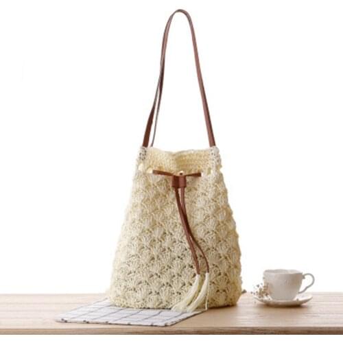 National wind manual tassel bucket straw bag shoulder small fresh woven bag summer vacation beach bag