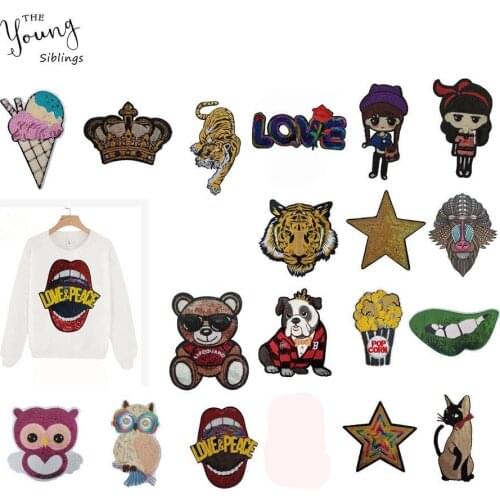 Cartoon Animal Mixture Patch Iron for Clothing Embroidery Applique Sequins Lips Love Badges Fabric Stickers DIY Sewing Accessory