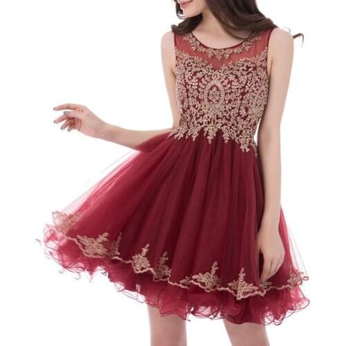 2020 new luckgirls Embroidery print small round neckknee-length deep claret beauty Party Homecoming Dresses