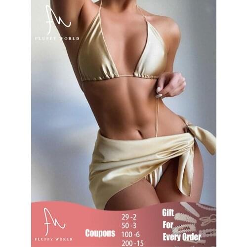 New Sexy Solid Swimsuit 3 Piece Bikini Set Swimwear Pareo Scarf Cover Up Wrap Beach Wear Colorful Bathing Suit Swim FLUFFY WORLD
