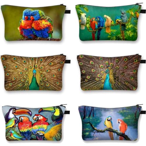 Peacock / Woodpecker/ Parrot 3D Printing Cosmetic Bags Cute Bird Women Travel Necessity Makeup Bag Organizer Female Storage