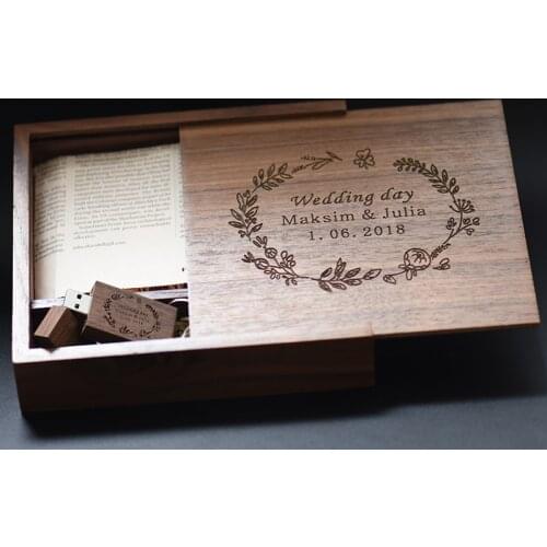 POWERONE 1PCS free LOGO walnut Photo Unique Album Wood usb+Box Memory stick Pendrive 8GB Photography Wedding Studio 170*170*35mm
