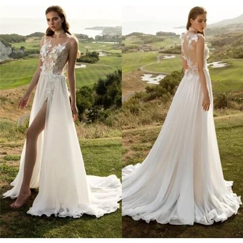 Sheer Lace Top A-Line Chiffon Long Wedding Dresses Split Side Custom Made Butterfly Adorned Long Bridal Gowns Simple Garden