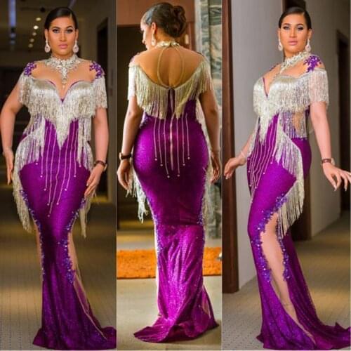 Sheer Neck Tassel Prom Dresses Luxury Crystal Formal Party Gowns Applique Evening Dress Arabic Arabic Aso Ebi Plus Size