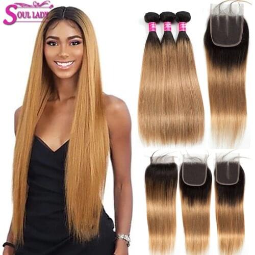 Honey Blonde Bundles With Closure 1B/27 Ombre Bundles With Closure Remy Brazilian Straight Ombre Human Hair Bundles With Closure