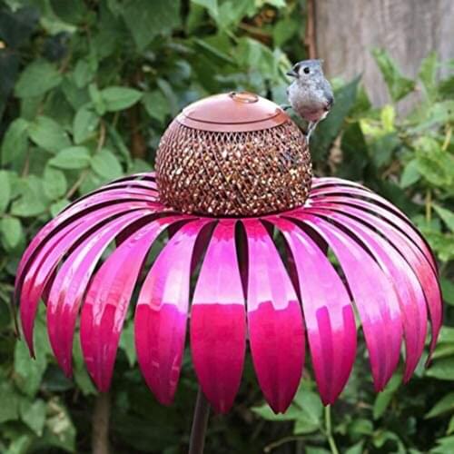 Metal Flower Shaped Bird Feeder Bottle Sensation Pink Coneflower Bird Feeder Outside Rust Resistant Garden Art Metal Birdfeeder