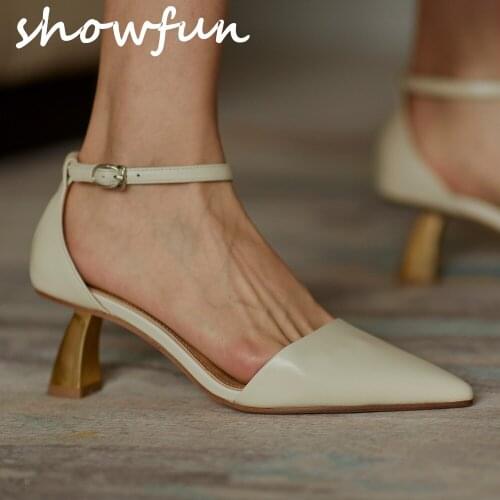 Womens genuine leather thin high heel ankle strap summer elegant ladies dress sandals pointed toe female slim pumps shoes women