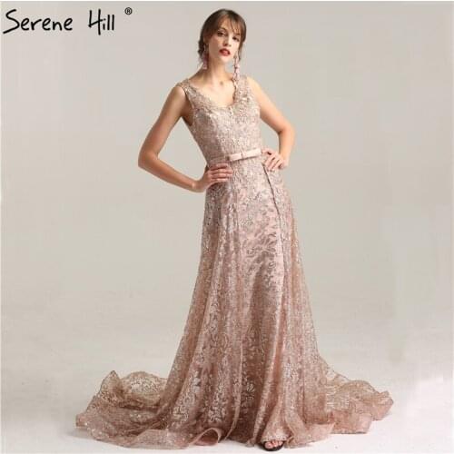 Grey Gold Gliter with removrable train V-neck Sexy Evening Dresses Mermaid Elegant Evening Gown 2021 Real Photo LA6235