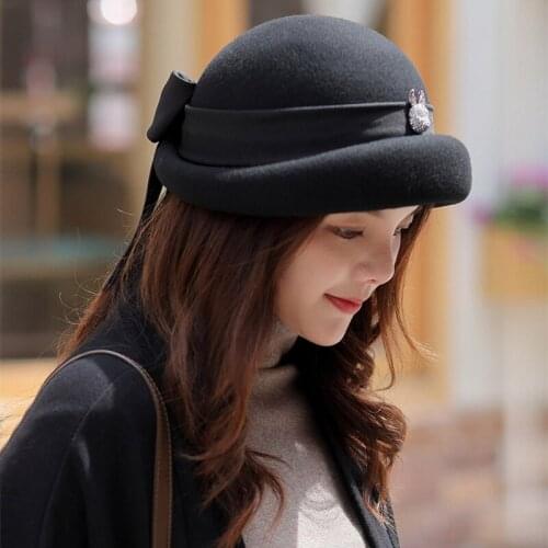 Women Retro Upturn Brim Wool Hat Ribbon French Style Beret Hat Lady Super Warm Cloche Winter Hat Church Wedding Dress Fedora Hat