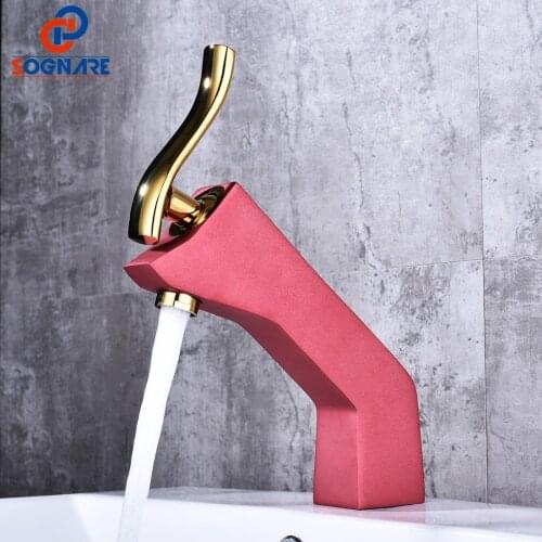 SOGNARE Bathroom Basin Faucet Mixer Bathroom Gold Handle Copper Sink Faucet Hot Cold Water Tap Pink Faucet Torneira De Banheiro