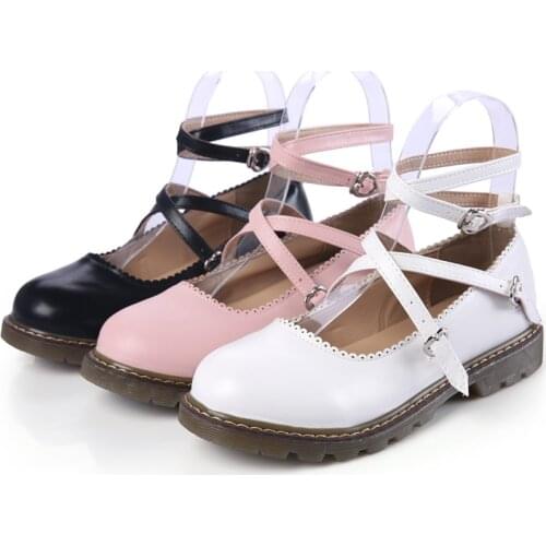Lolita Shoes Student Girl Women Shoes PU Leather Heart Buckle Lac Low Heels Ankle-strap Shoes Mary Jane