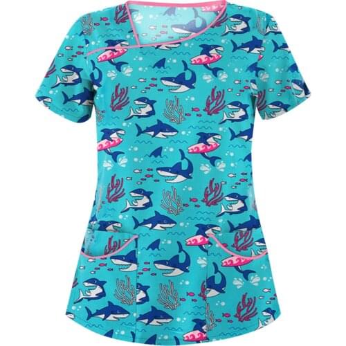 Nurse Uniforms Woman Cartoon Dolphin Print Neck Tops Working Uniform T-shirt Blouse Nursing Scrub Tops Clothes Medicine Uniforms