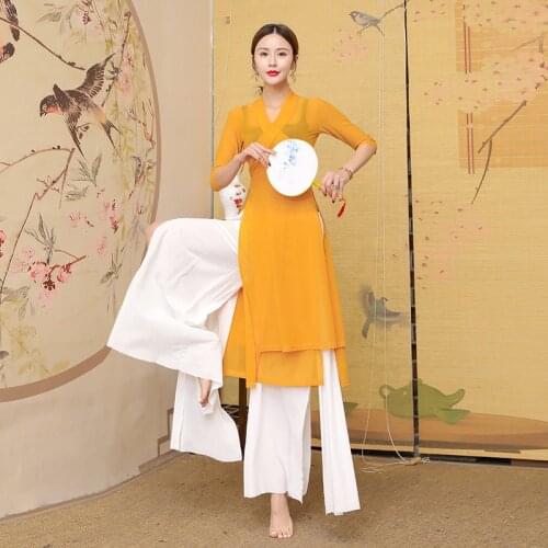Women China Classical Belly Dance Costumes Hanfu Suits To Practice Oriental Dance Dress Pants Ladies Transparent Mesh Cheongsam