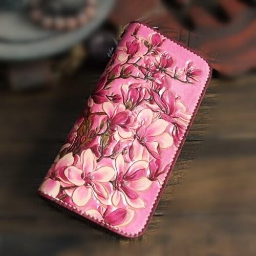 Handmade Women Genuine Leather Wallets Pink Flower Purses Long Clutch Vegetable Tanned Leather Wallet Card Holder