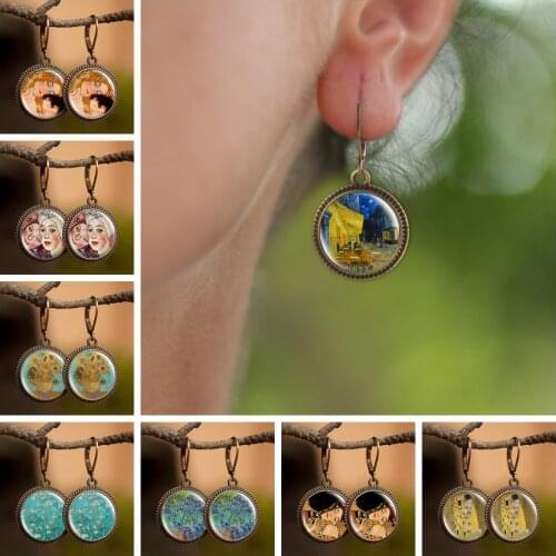 Gustav Klimt The Kiss Women Earrings Glass Dome Cabochon Oil Painting Sunflower Starry Sky Pattern Fashion Vintage Female Gift