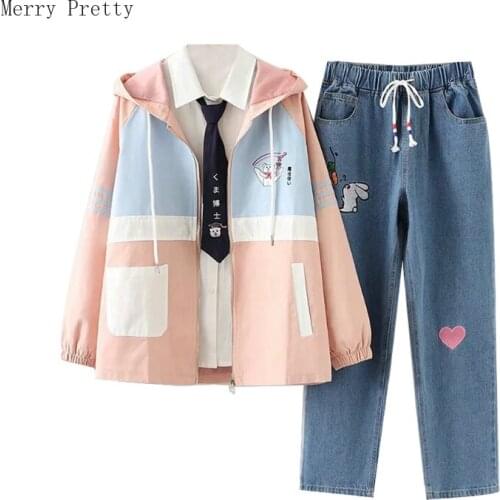 Womens Casual Sets Pants Sets Zipper Hooded Jackets with Denim Pants White Tie Blouse Tracksuit 2021 Three Piece Set Clothing