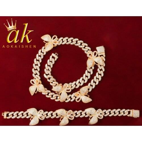 10MM Butterfly Necklace Bracelet Jewelry Sets Hip Hop Women Gold Color