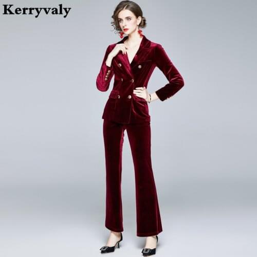 Winter Two Piece Outfits for Women Long Sleeve Pleuche Shirt + Velvet Wide Leg Pants Suit Professional Two-Piece Set K8635