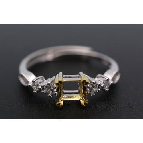 3-5MM Square Bezel Double Prong Pave Shank Solid 925 Sterling Silver Adjustable Ring Settings for DIY Gems Moissanite 1294153