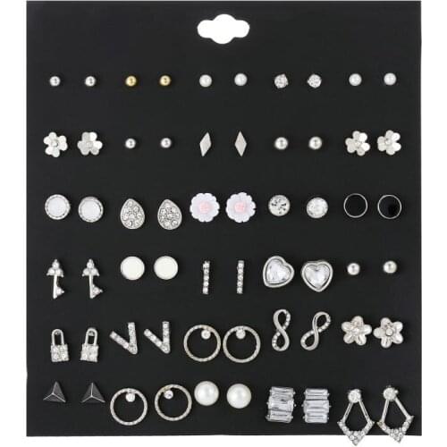 30pairs Korean Crystal Heart Stud Earrings For Girls Kids Cute Cross Ball Wing Pearl Mix Earrings Set