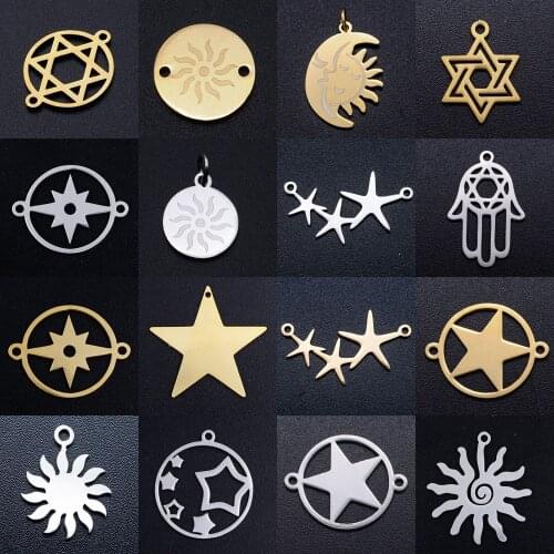 5pcs/lot Stainless Steel Star Sun diy Bracelet Making Connector Charm Wholesale Moon Connectors Pendant for Jewelry