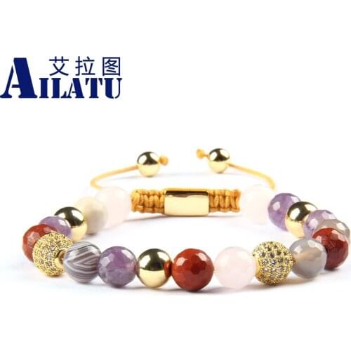 Ailatu Micro Pave Cz Ball Macrame Bracelet 8mm Natural Stone Beads Nice Jewelry Gift
