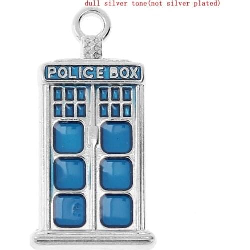 DoreenBeads Charm Pendants Rectangle dull silver color "POLICE BOX" Carved Enamel Blue 27mm x 14mm,10PCs (B32009)