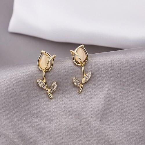 Cute Zircon Earrings for Women Accessories Jewelry Girl Gift Korean Fashion Opal Rose Flower Stud Earrings Oorbellen