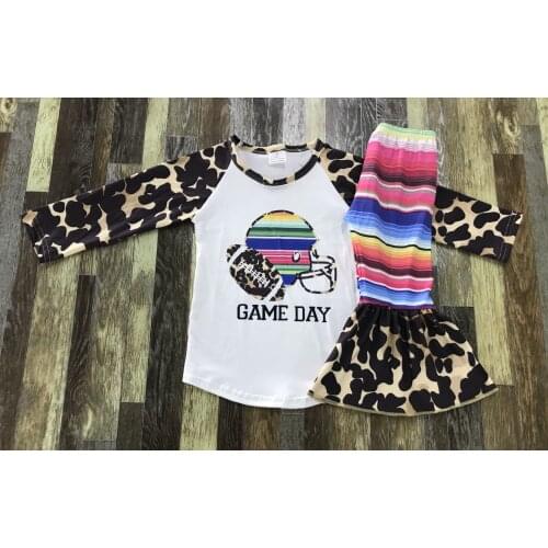 Fashion Kids Clothing Baby Girl Leopard Football Long Sleeve Top Color Stripe Flared Pant Set