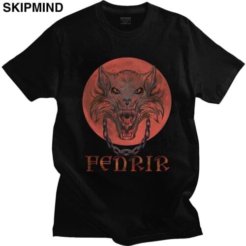 Fenrir Viking T Shirt for Men Soft Cotton Casual T-shirt Crew Neck Short Sleeve Norse Wolf Monster With Bloody Moon Tee Clothing