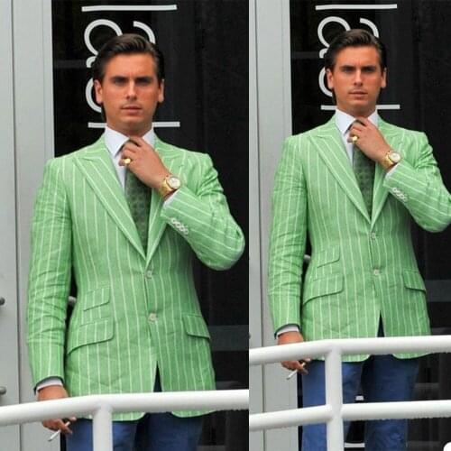 Green Striped Mens Suit Hot Selling Two Button Groom Wedding Prom Party Dinner Tuxedos Custom Made Only One Jacket