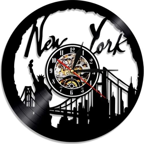 Skyline Statue of Liberty Wall Art Decorative 3D Wall Clock New York Cityscape Vinyl Record Clock Unique Travel Gift Idea