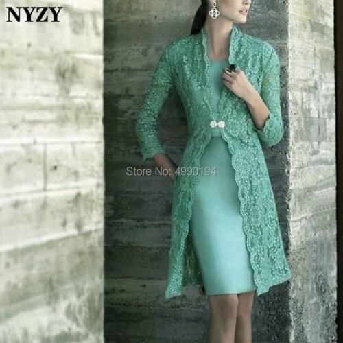 NYZY M139 Elegant Sheath 2 Piece Turquoise Green Mother of the Bride Dresses with Lace Bolero Wedding Party vestidos coctel 2019