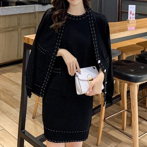 Autumn And Winter Small Fragrance Thick Cotton Jacquard Knit Slim Dress + Single-Breasted V-Neck Short Jacket Two-Piece Set