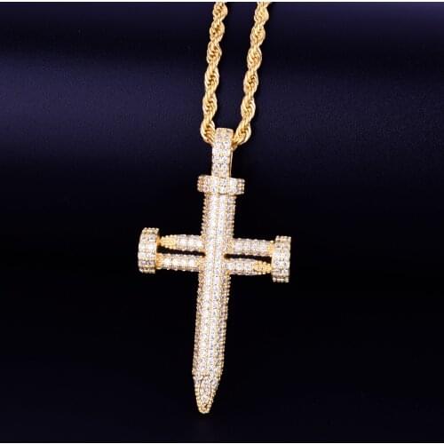 Nail Cross Pendant Necklace AAA Cubic Zircon Mens Hip Hop Street Rock Jewelry