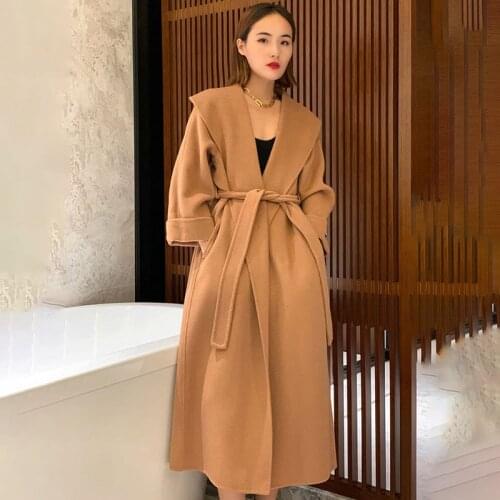 100% Wool Coat Female Autumn Winter New Double-sided Lapel Alpaca Long High-end Quality Belted Large Lapel Loose Womens Jacket